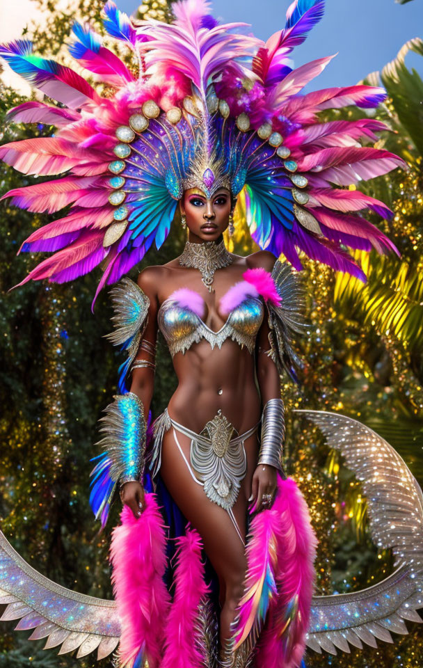 Colorful Feather Costume with Elaborate Makeup and Lush Background