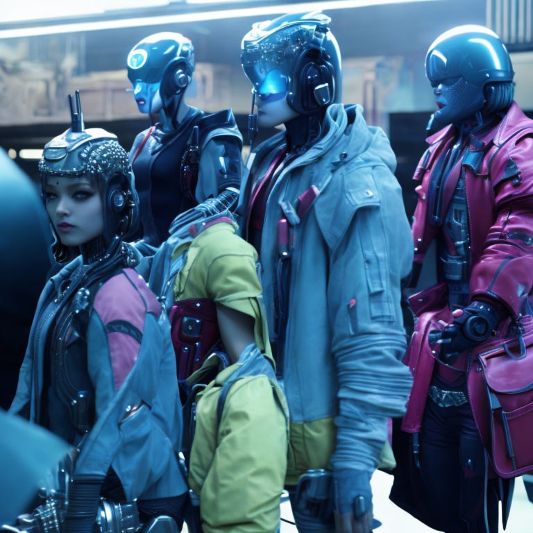 Group of four futuristic individuals with cybernetic enhancements and stylish attire standing together