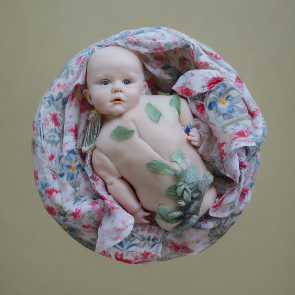Doll adorned with leaves on floral fabric on beige background