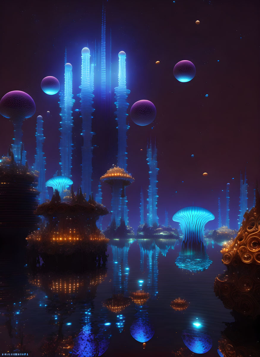 futuristic ocean towers, starry night fantasy