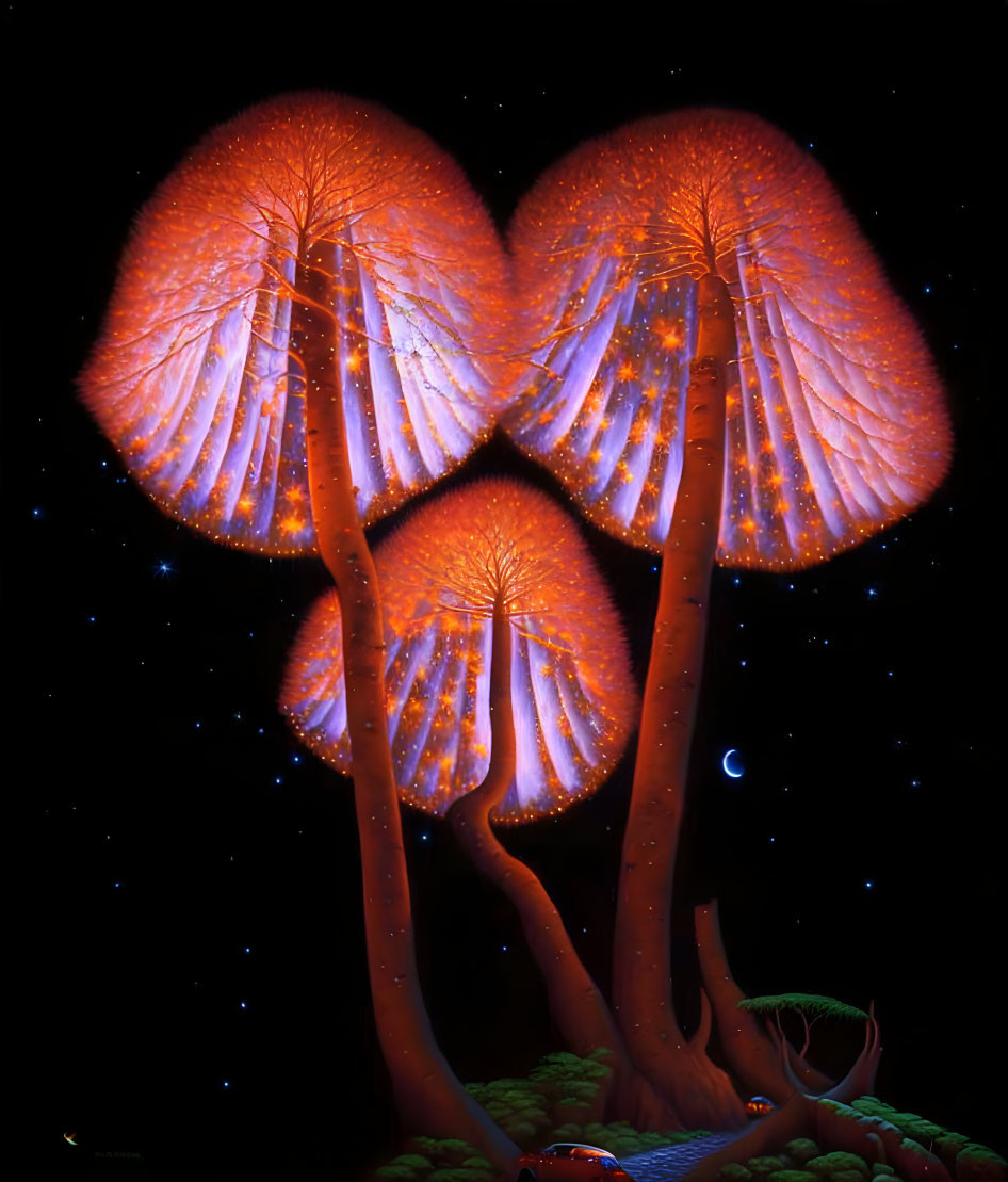 giant mushrooms in the night, starry sky