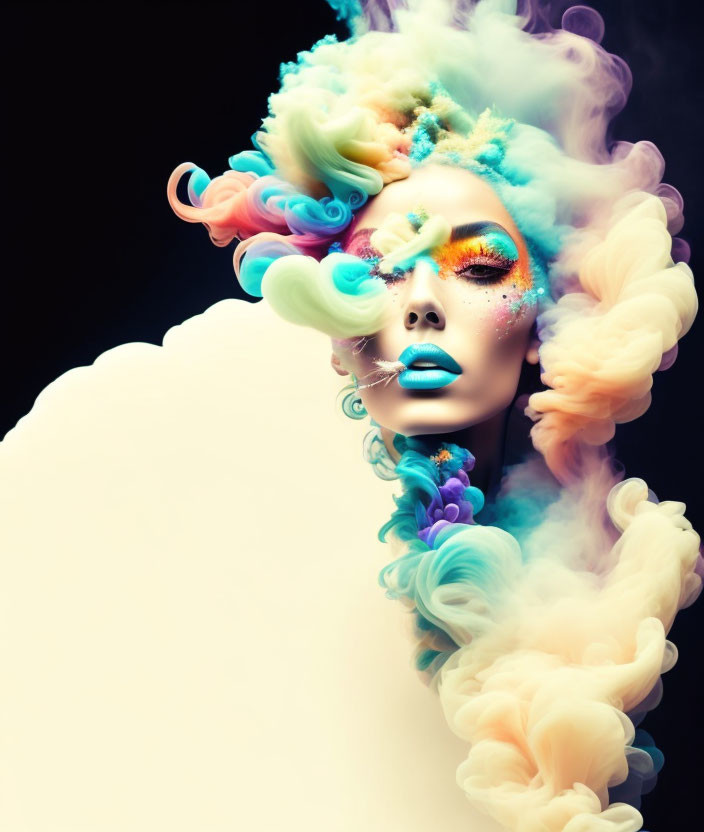 Colorful makeup portrait with pastel smoke on black background
