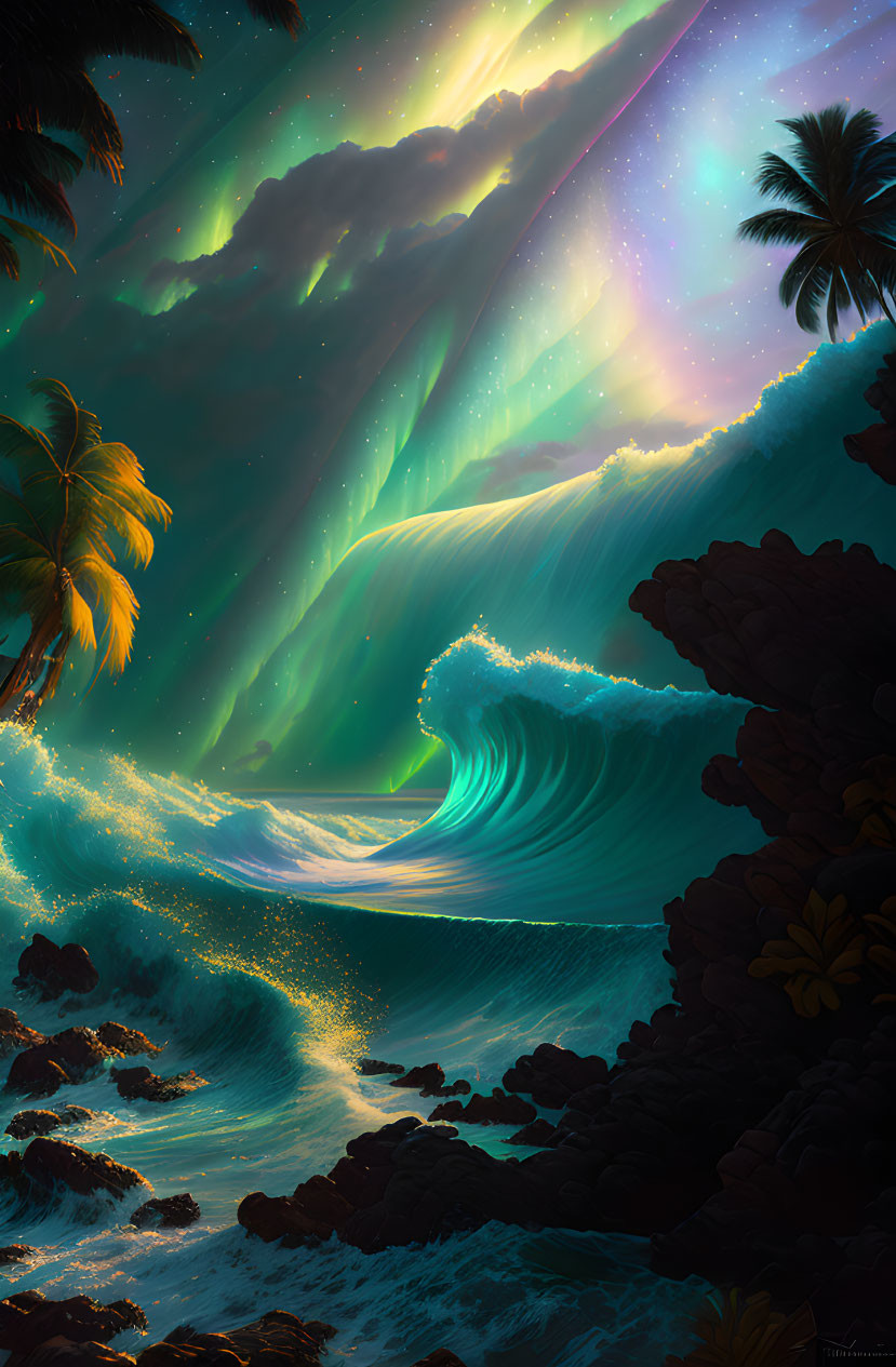Tropical Beach Night Scene with Luminous Wave and Aurora