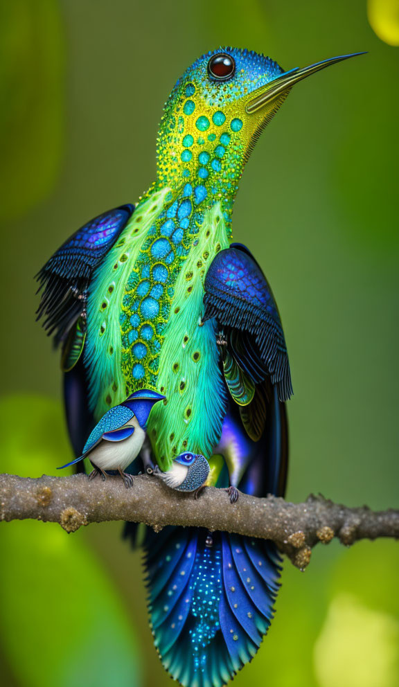 Colorful digital artwork of a fantastical bird with blue and green plumage on a branch