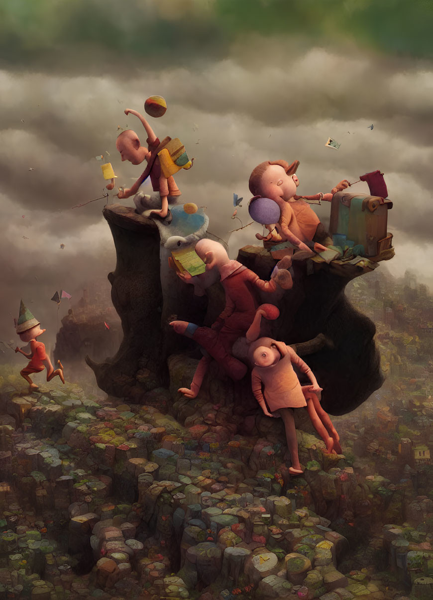 Whimsical characters on giant tree trunk in surreal cityscape