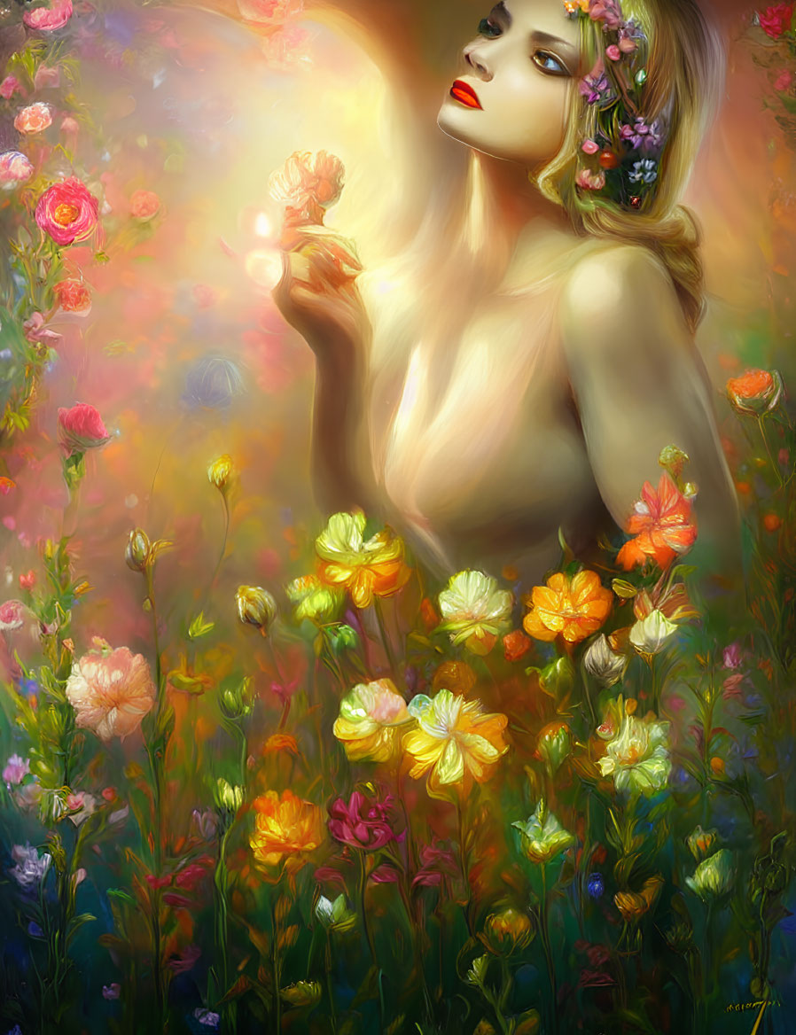 Vibrant floral field painting with woman and luminous flower