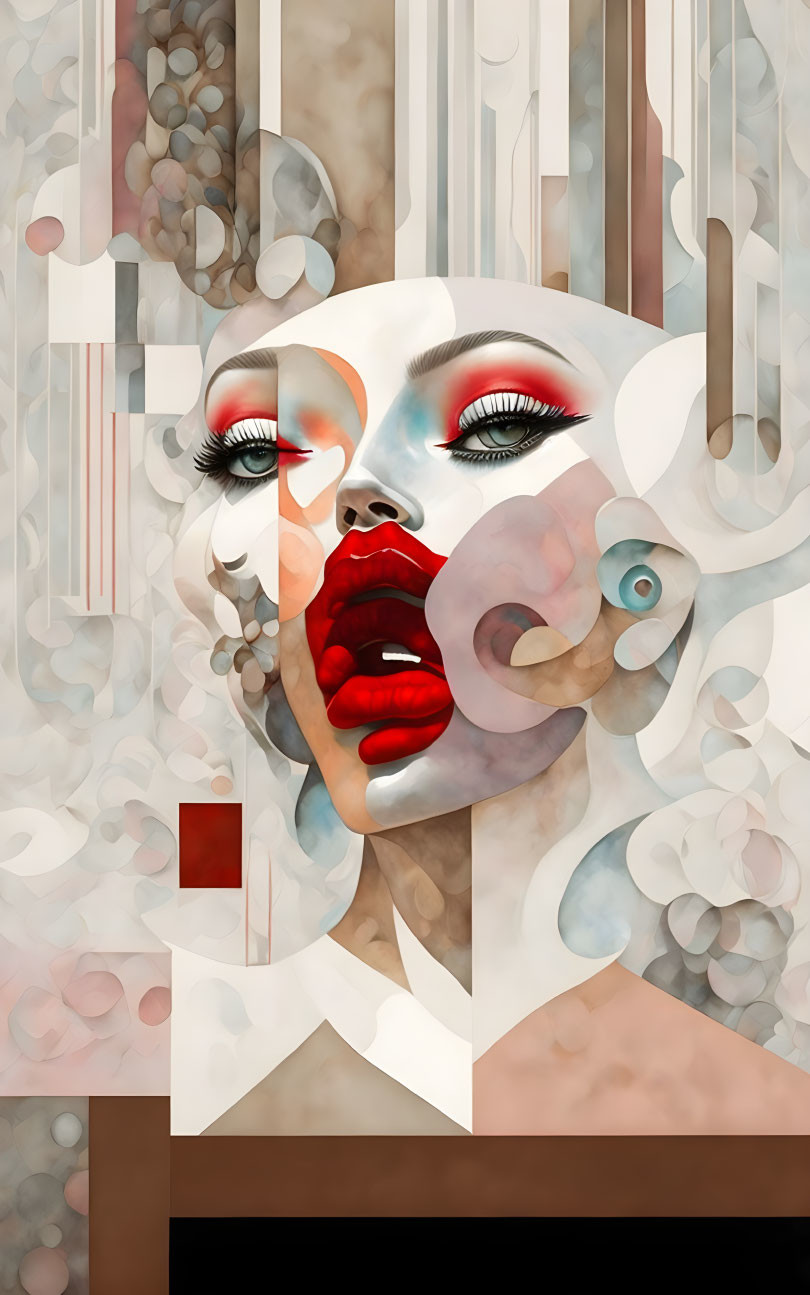 abstract red lips, surreal white cat woman