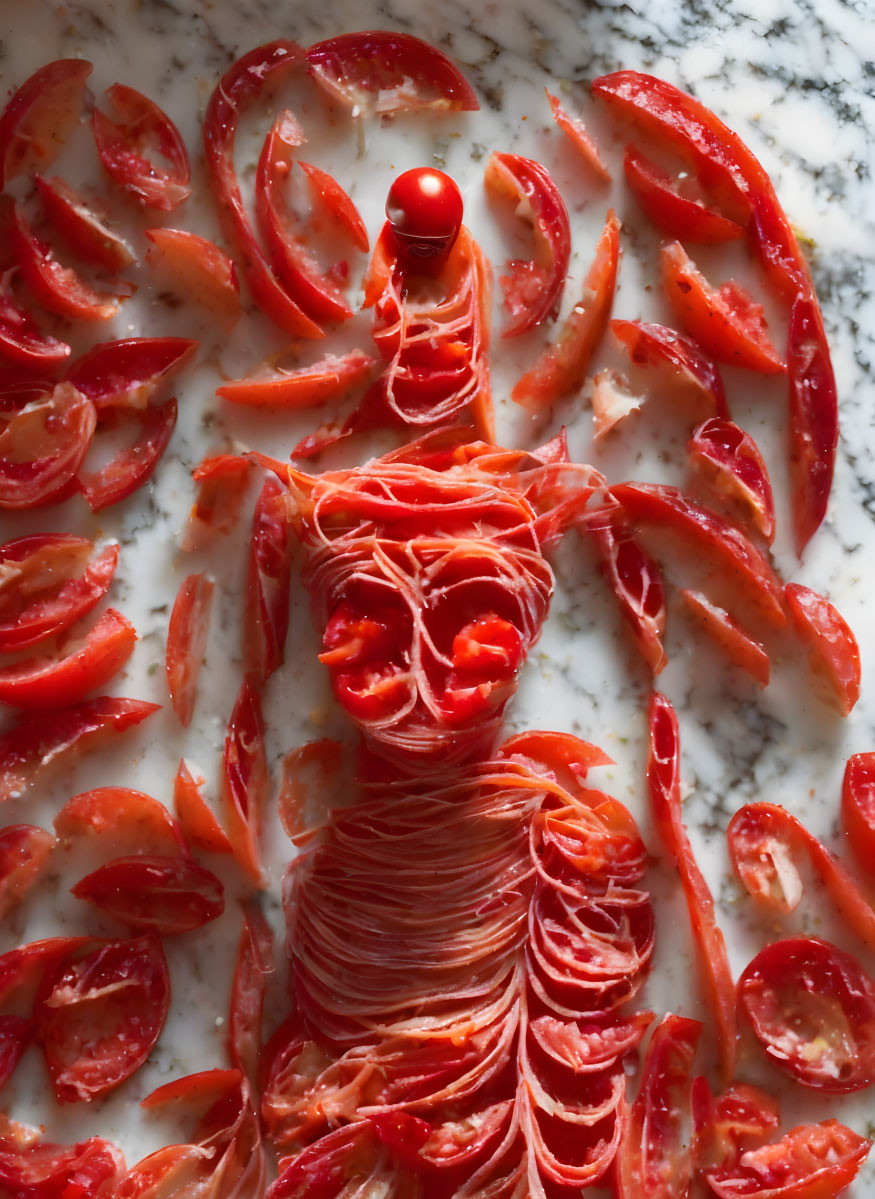 Tomato slices human figure with cherry tomato head on marble background