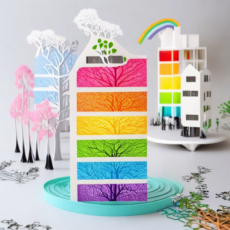 Vibrant paper art of rainbow trees on white backdrop