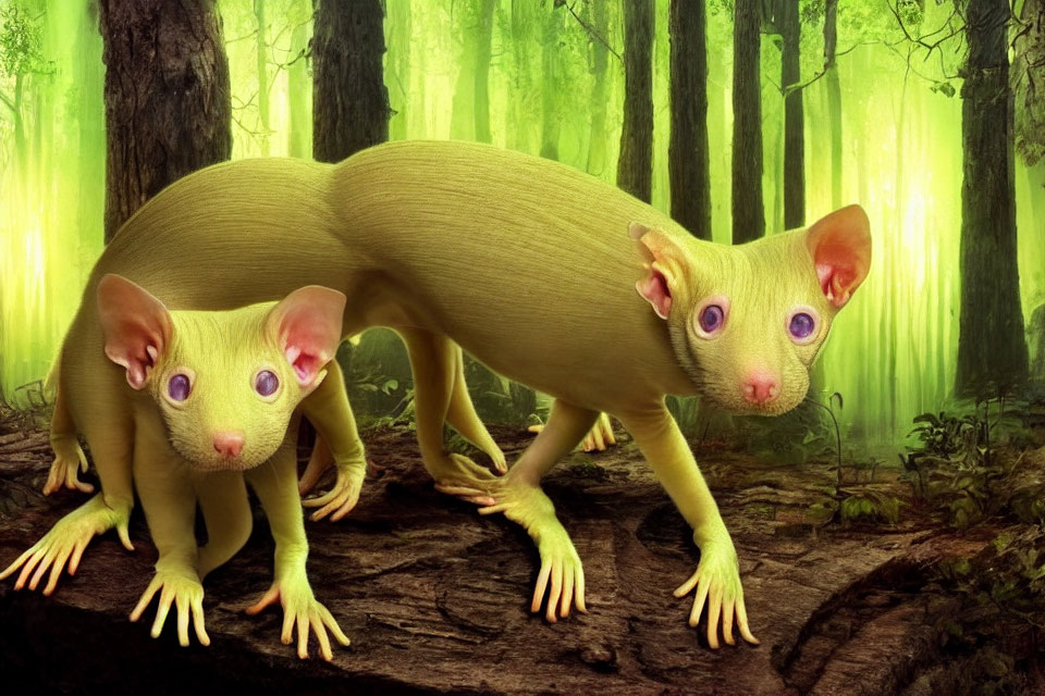 Lime-green creatures with large ears in mystical forest landscape