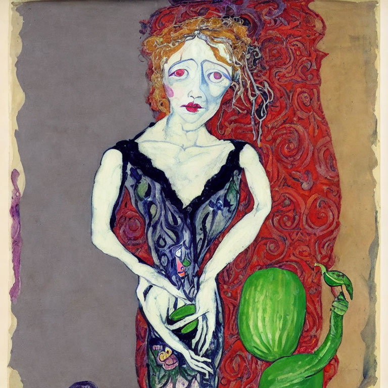 Abstract portrait of woman with red hair and snake on purple background