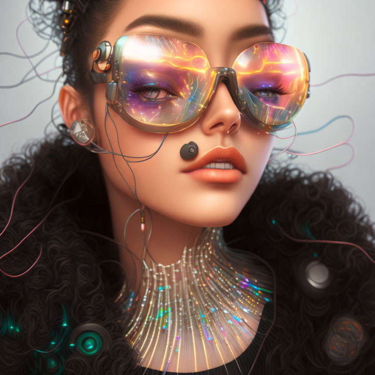 Digital Artwork: Woman in Futuristic Sunglasses with Sunset Reflection