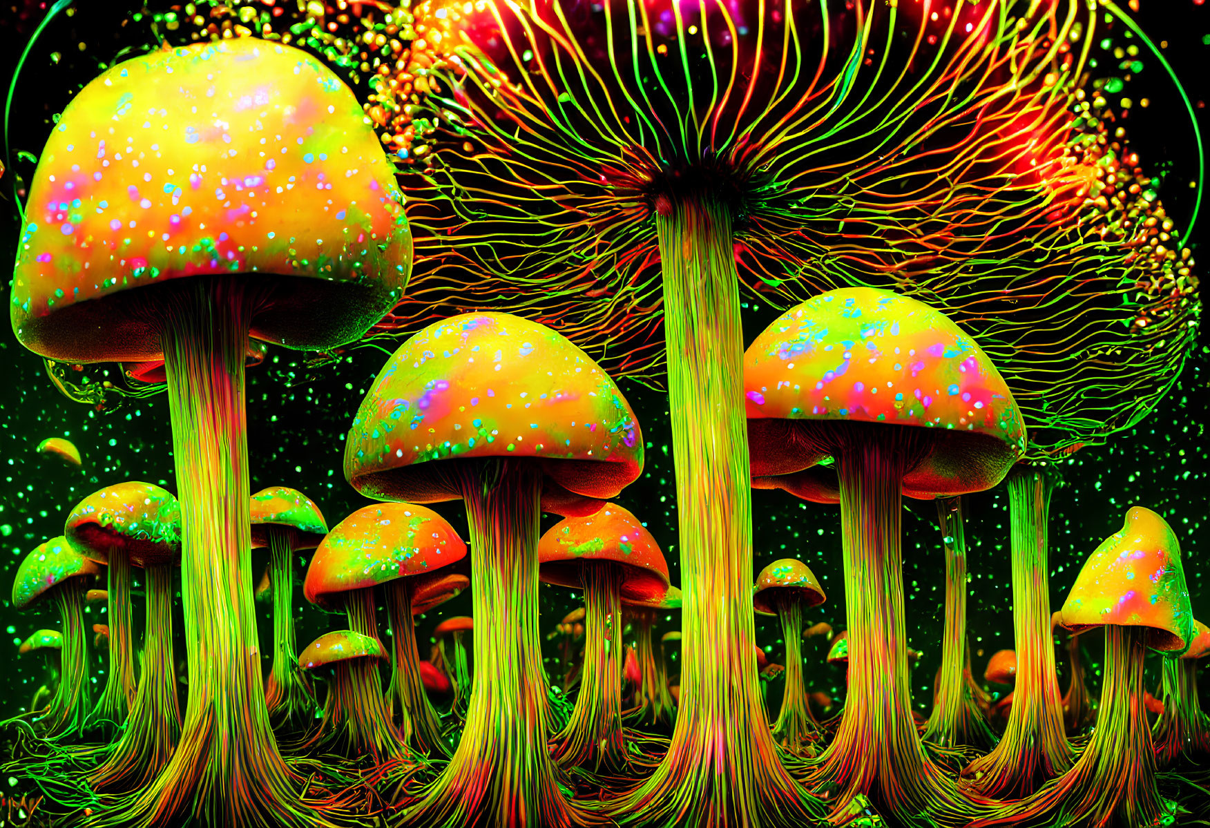 Colorful Psychedelic Mushrooms with Neon Dots on Black Background