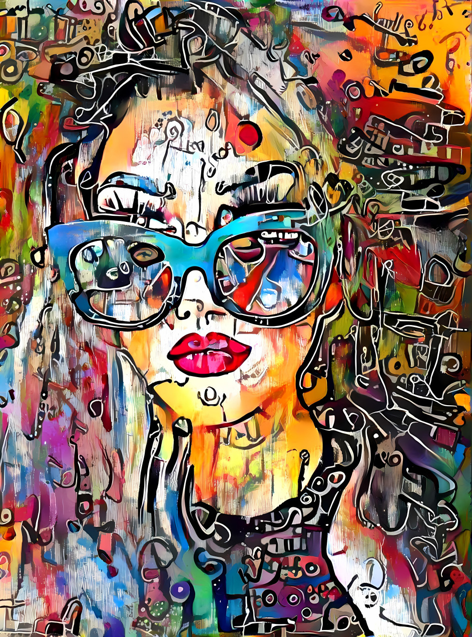 model wearing sunglasses, paint on wood