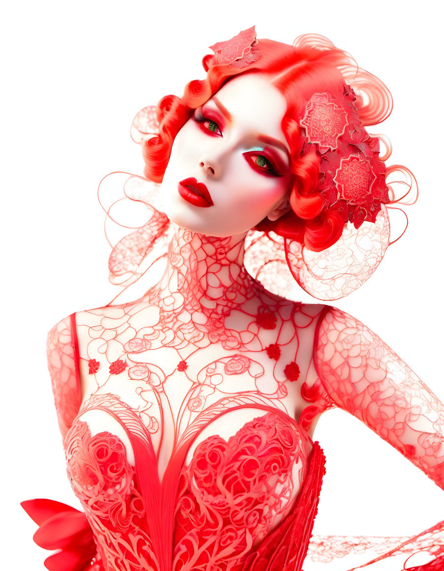 3D red hair & dress, pale skin woman, makeup