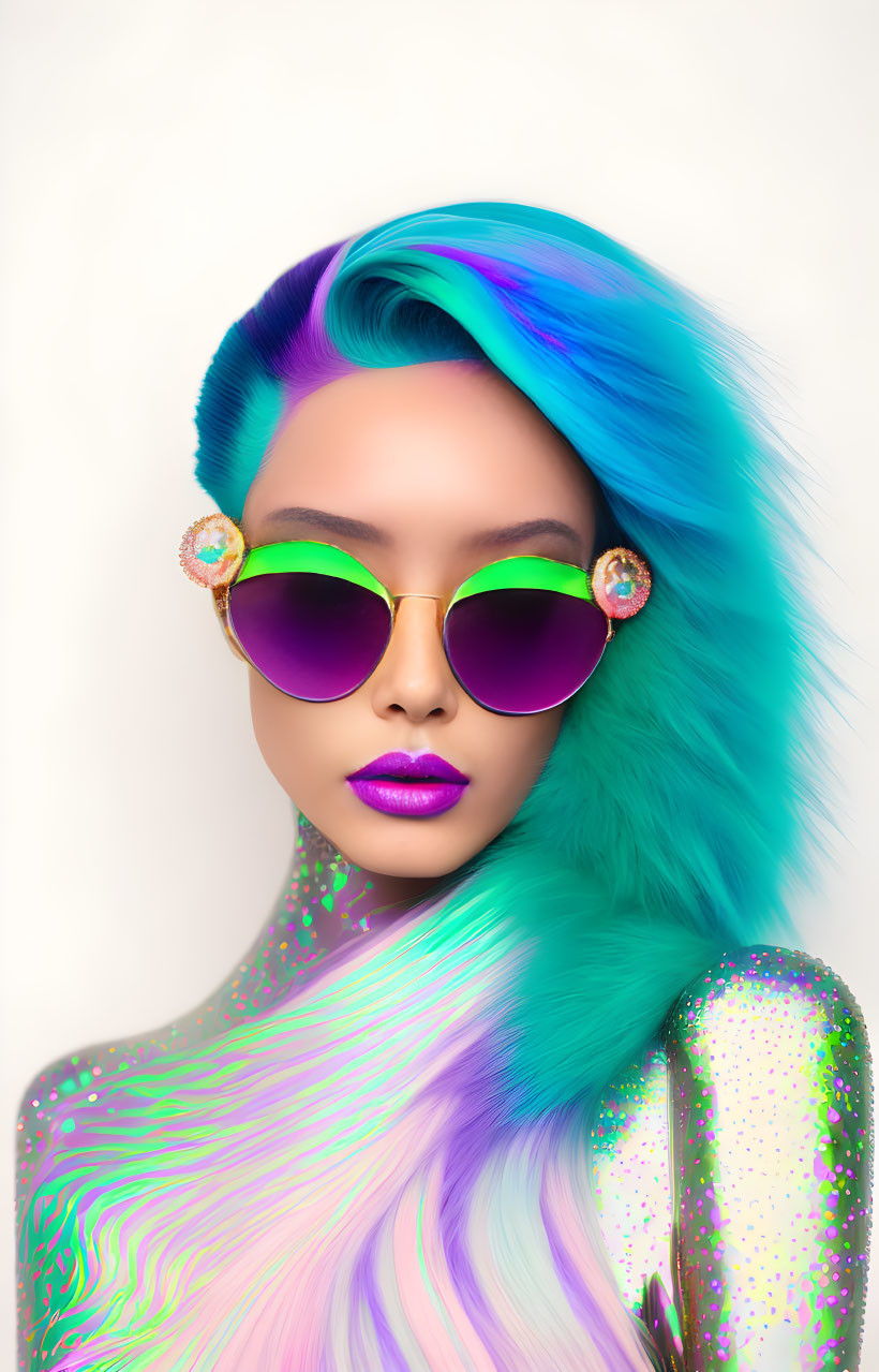 Vibrant turquoise hair, purple lips, jewel sunglasses, glittery green outfit on white background