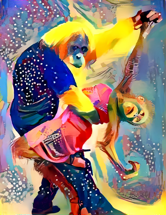 monkeys dancing, retextured yellow, blue, painting