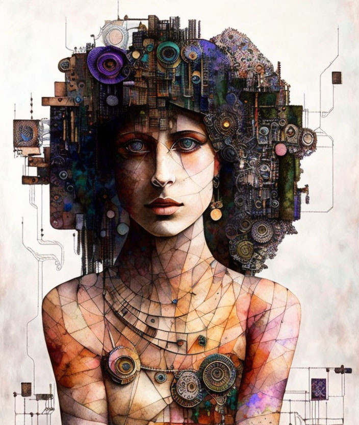 woman patchwork portrait, electronic parts