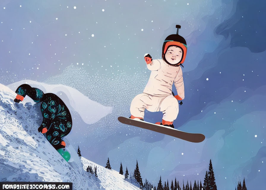 Stylized night snowboarding illustration with selfie and fall scene