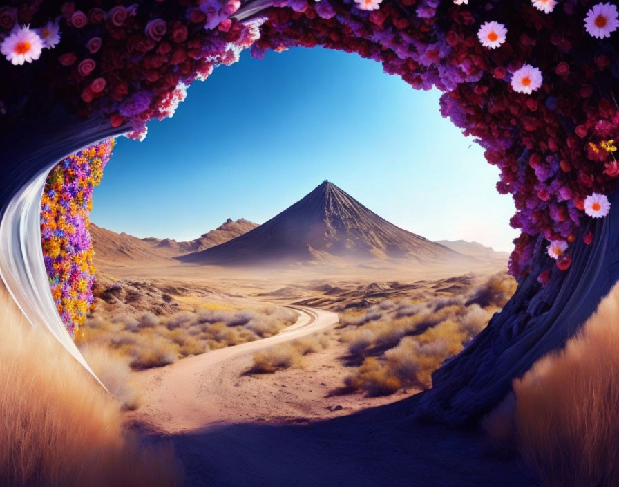 desert arch covered with flowers, dusty road