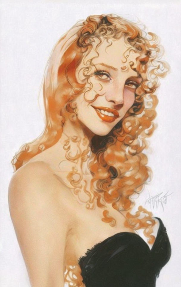 lisa kudrow, gold orange curly hair portrait