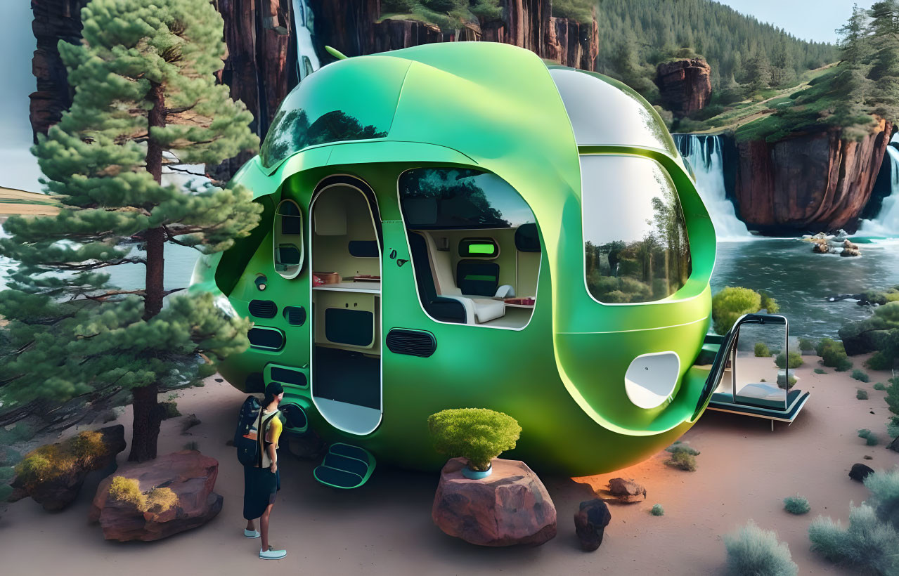 green futuristic camper van / mobilehome, Jony Ive