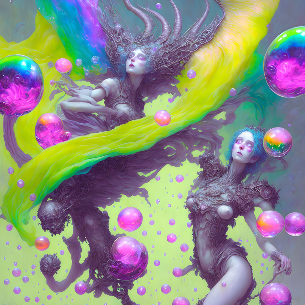 Ethereal figures in vibrant swirling fabric and iridescent bubbles