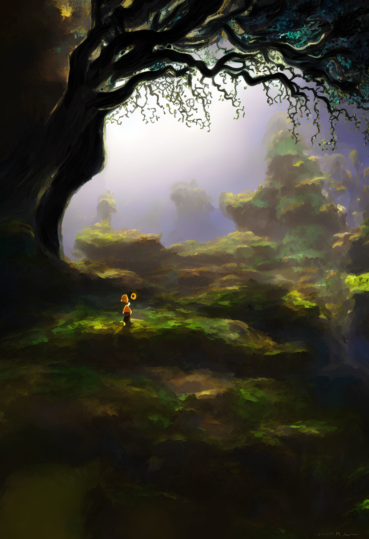 Person in yellow hat under large tree in misty forest with sunlight.