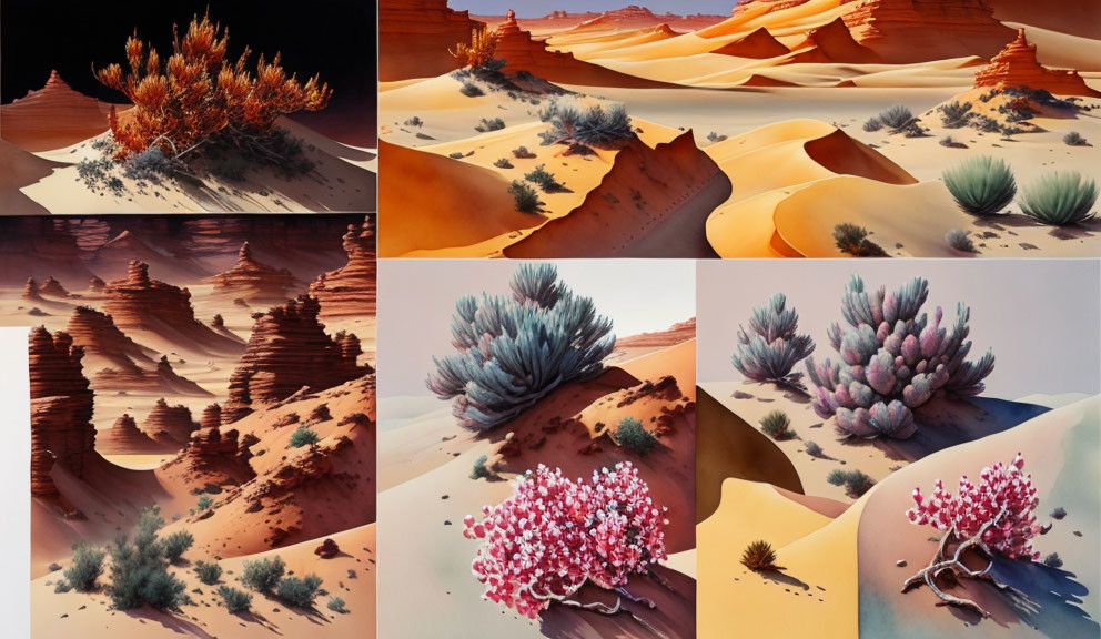 Desert Landscapes Collage: Sand Dunes, Rock Formations, and Plants