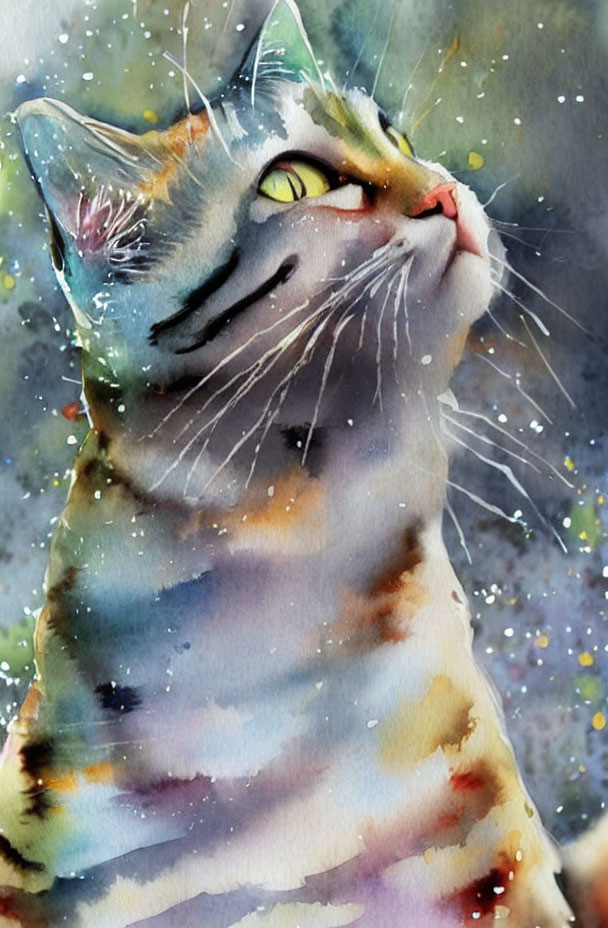 ai watercolor portrait of a grey cat looking up