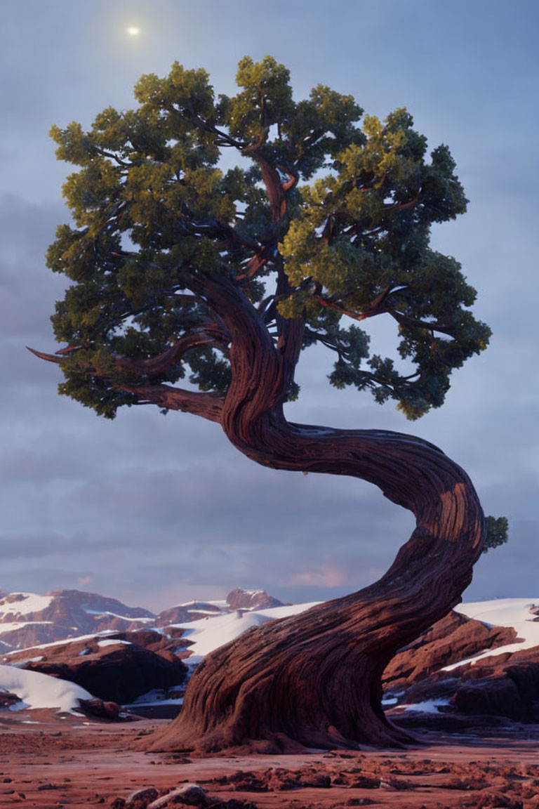 Twisted tree with green foliage on red rocky terrain, snow-capped mountains in background