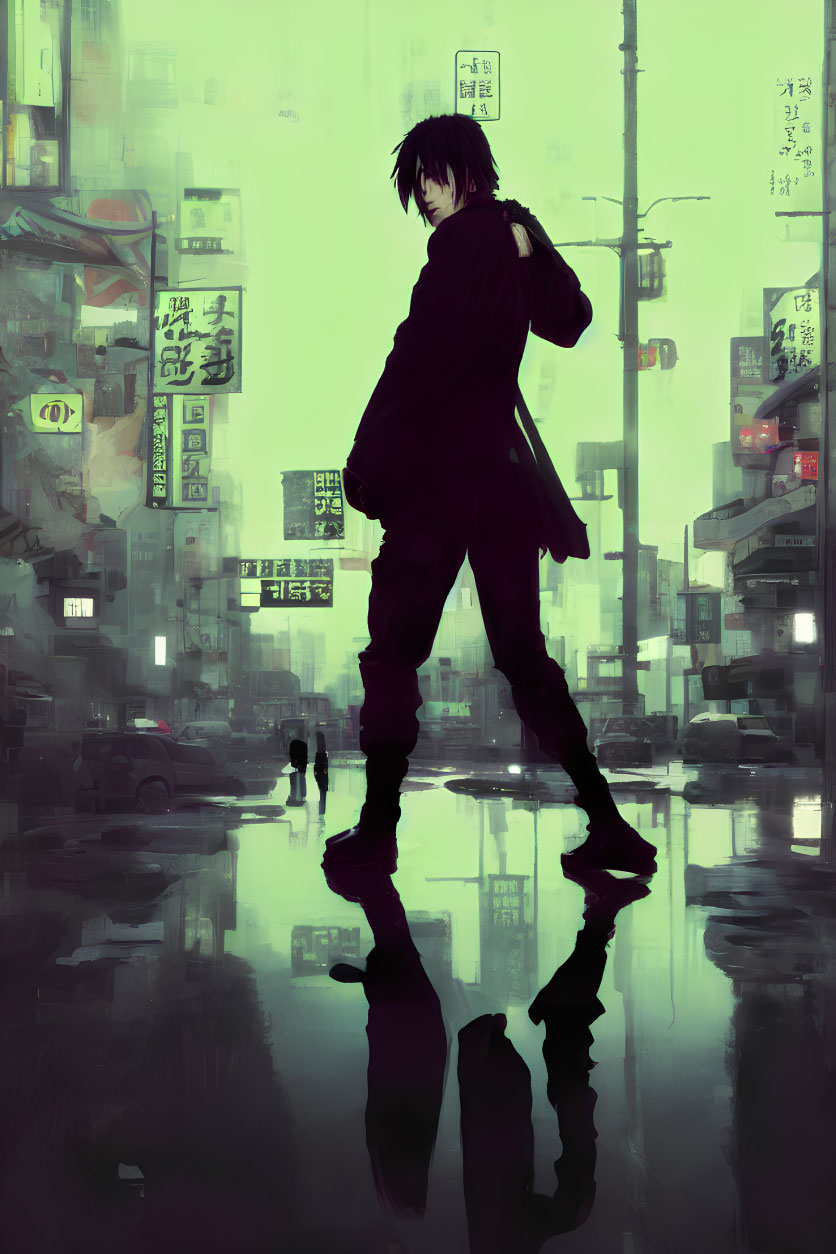 Black-haired anime character in coat in neon-lit rainy cityscape