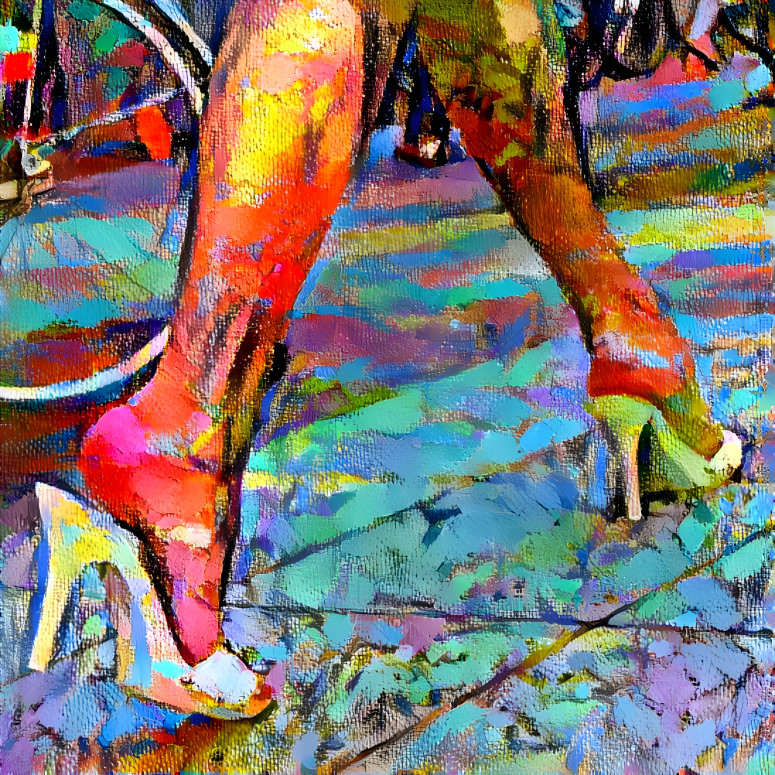 model in heels walking on sidewalk painting