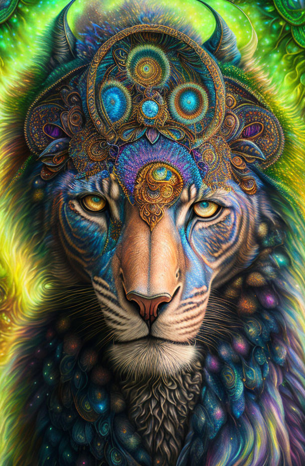 Colorful Psychedelic Lion Face Illustration with Ornate Decorations