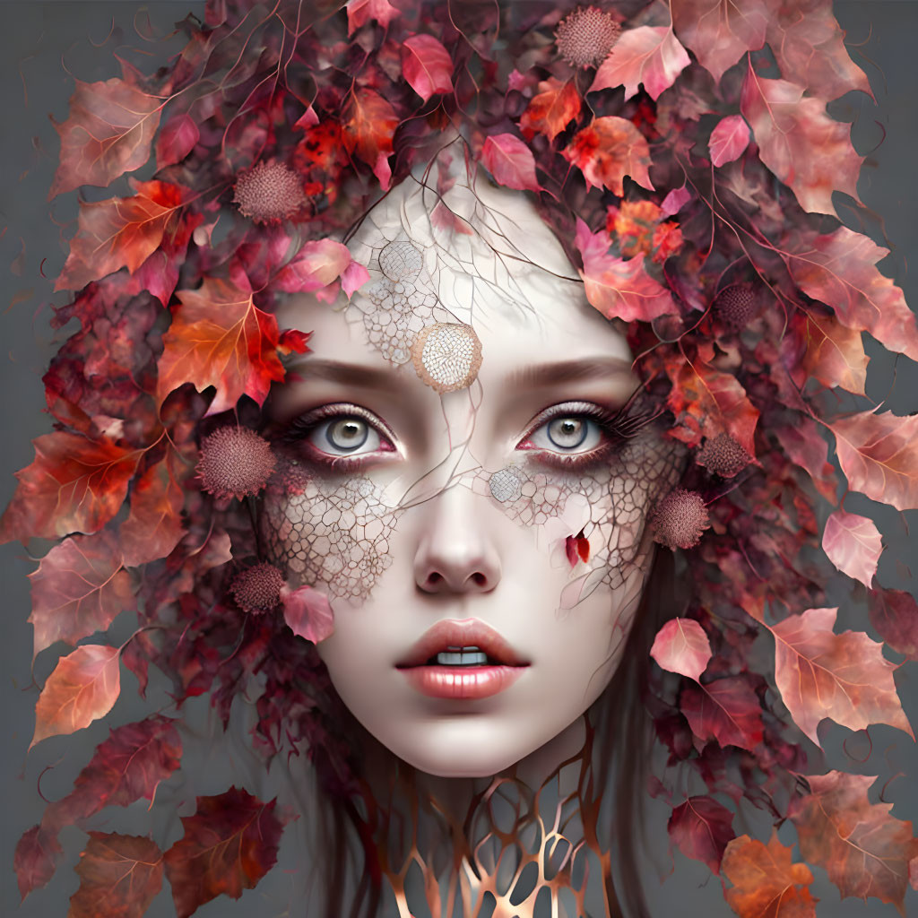 beautiful biomorphic autumn leaves woman, art