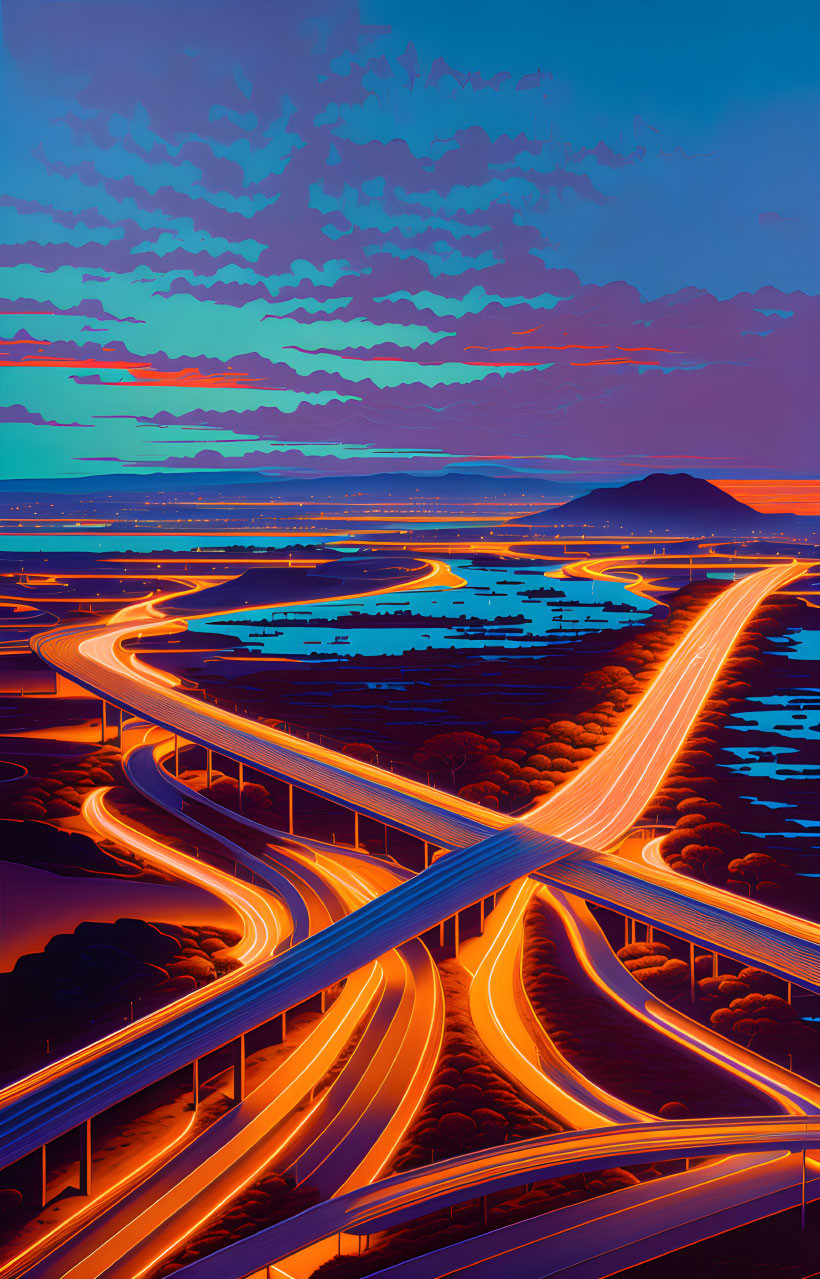 ai, sunset freeway, from above, chicano art