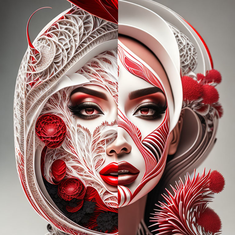 ai male & female portrait, white, red