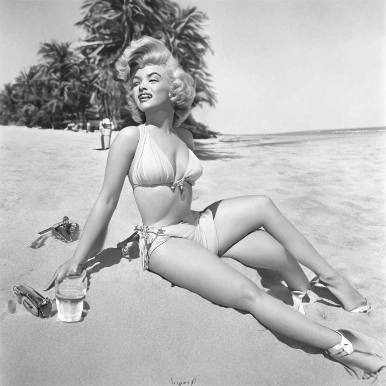 Vintage bikini-clad woman on sandy beach with palm trees, holding a drink