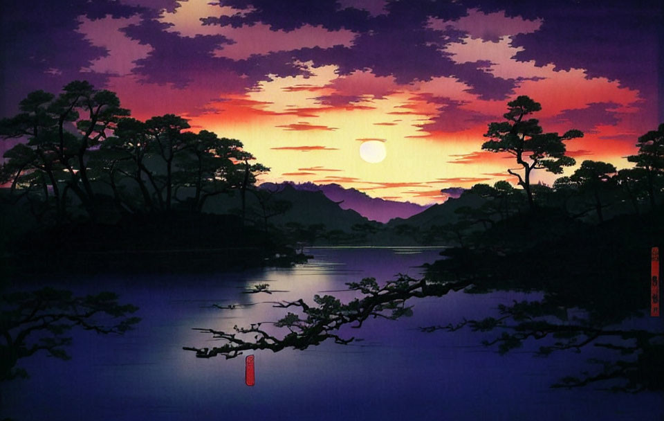 Ikebana Autumn Forest Sunset, Soft Mist Watercolor