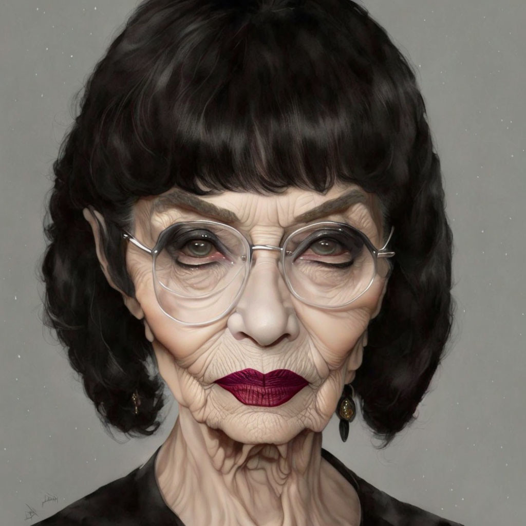 90 yo grey hair wrinkles glasses catwoman portrait