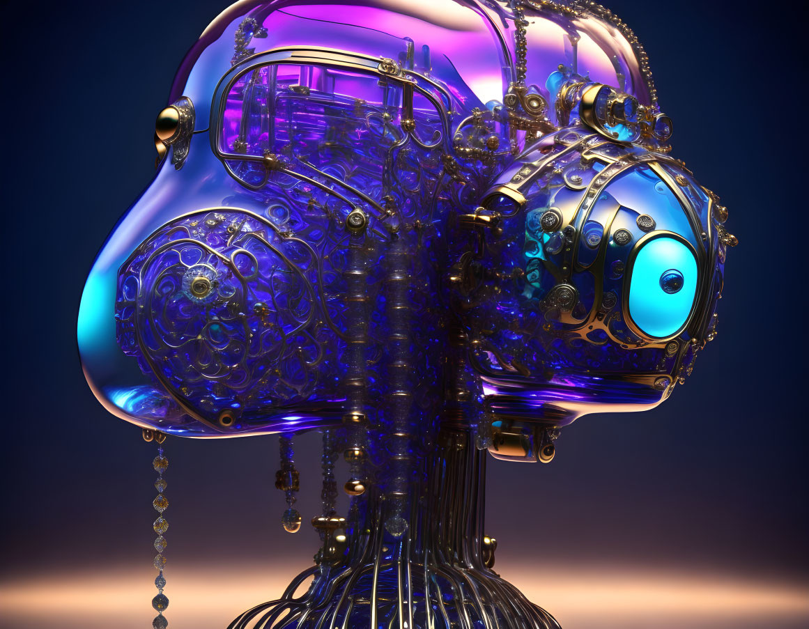 Detailed 3D Rendering of Mechanical Brain on Blue and Orange Gradient