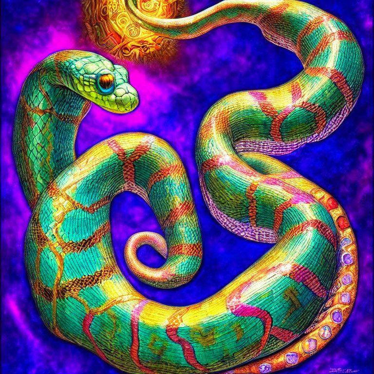 Colorful serpent with intricate patterns on purple background
