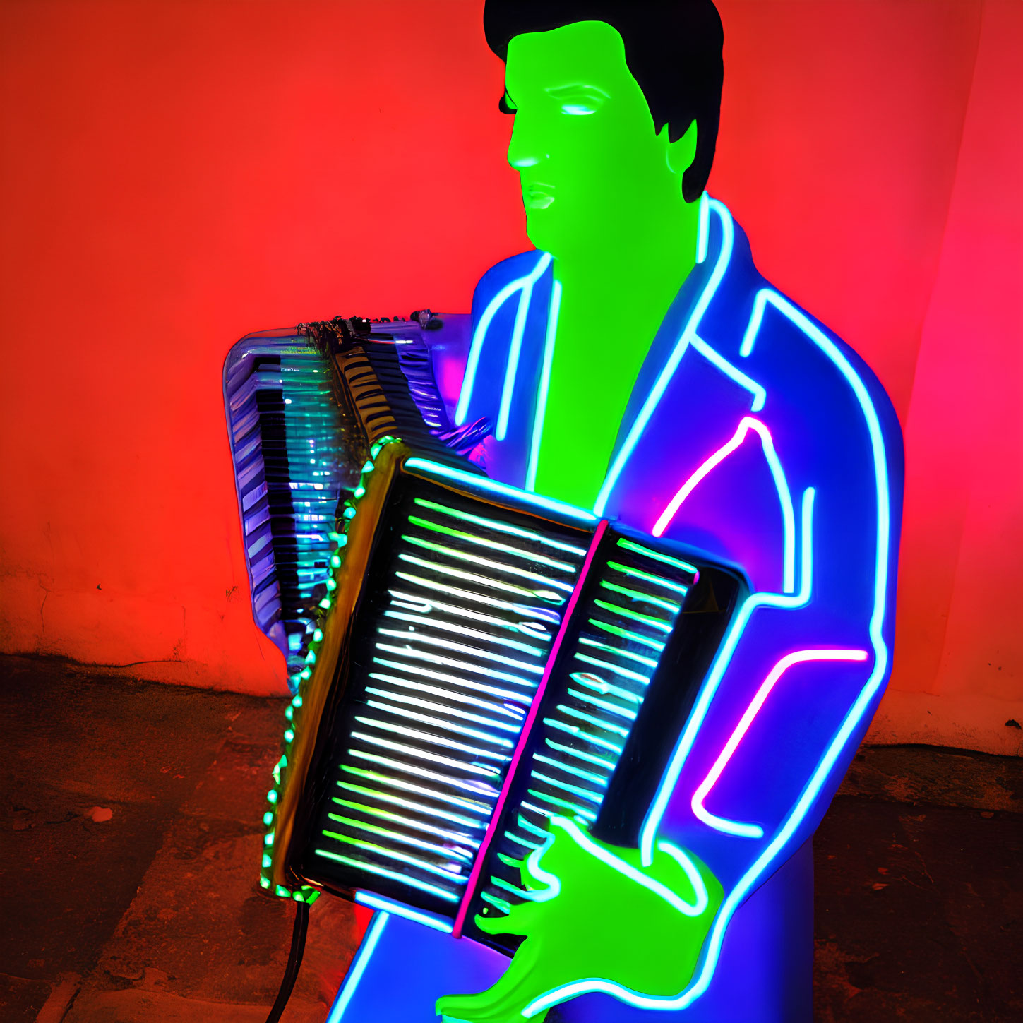 Colorful neon-lit accordion player against orange backdrop