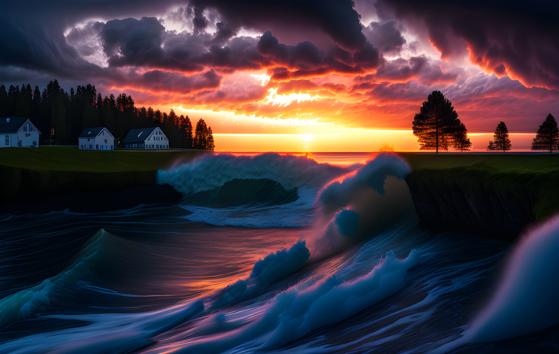 Vivid coastal sunset with dramatic clouds and curling waves