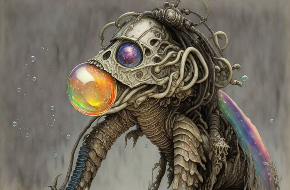 Detailed Steampunk Creature with Vibrant Rainbow Bubble