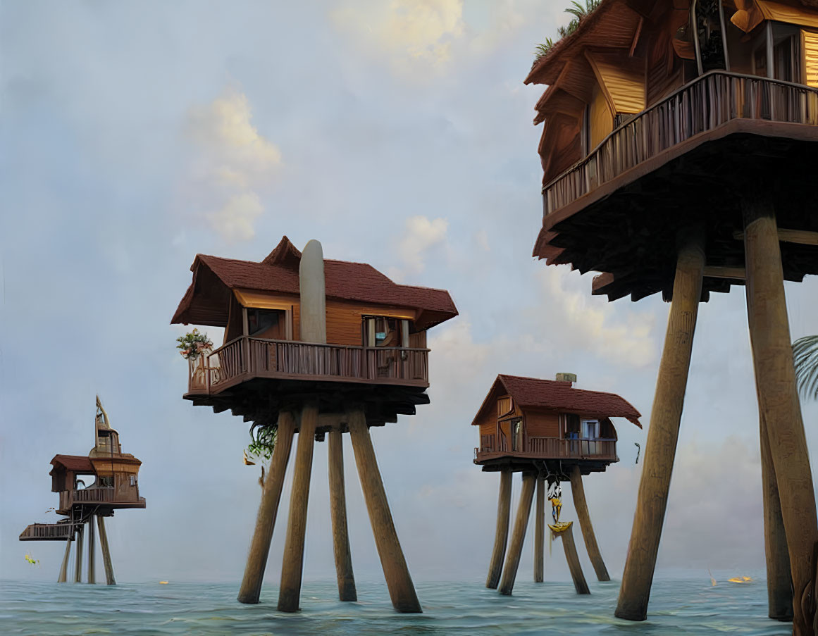 Wooden stilt houses over water at twilight with clear skies and gentle waves