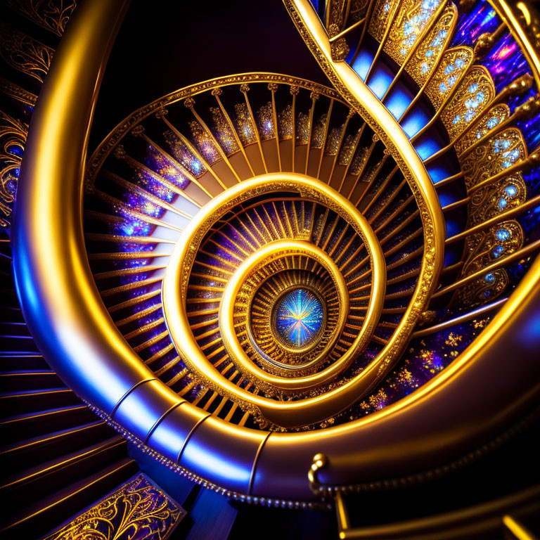 Luxurious spiraling staircase with golden balustrades and ornate patterns in warm lighting