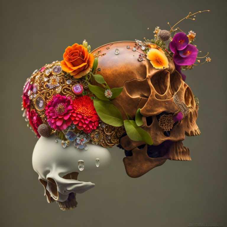 surreal skull & flowers, assemblage art