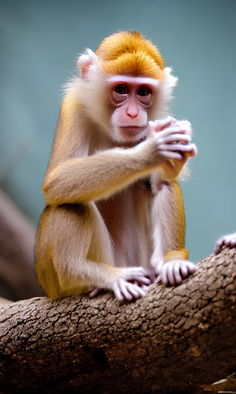 Pensive patas monkey sitting on branch with hand to mouth