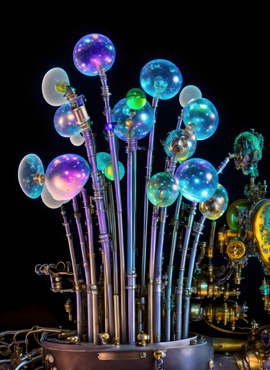 steampunk metal pipes blow iridescent bubbles
